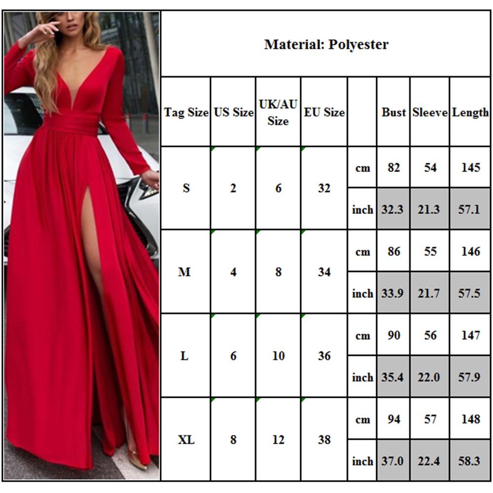 Women Deep V Neck Long Sleeve Slit Prom Gown Dress Elegant Bridesmaid Evening Maxi Dress