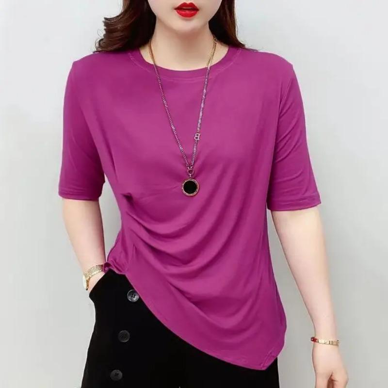 Summer Irregular Short-sleeved T-shirt Women New Stylish Split Design Plus-size Elegant Top Slim-fit Blouse