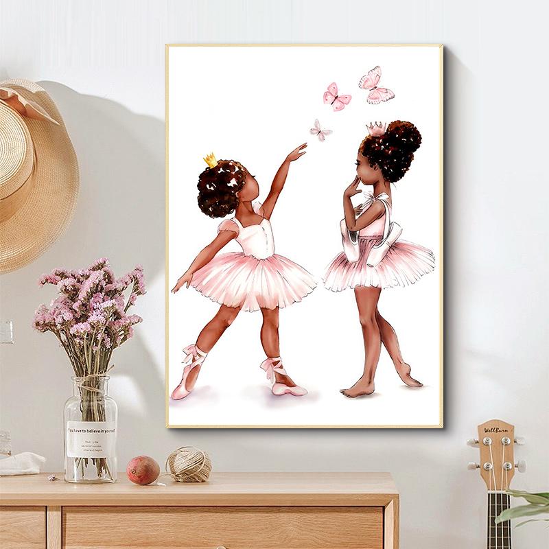 Black Little Girl Ballet Canvas Painting Butterfly Wing Wall Art Nordic Posters And Prints Wall Pictures Baby Kids Room Decor Unframed