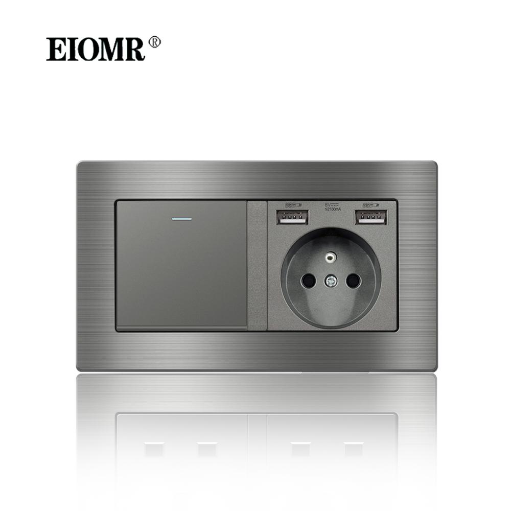 EIOMR France Standard Electrical Socket Grey Aluminum Alloy Panel Light Switch Rj45 Tv 220V 16A Wall Outlets for Home Appliance