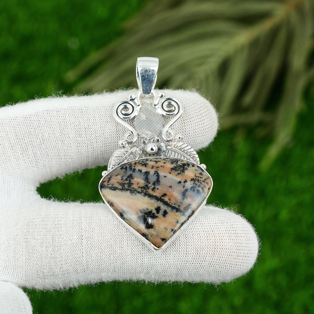 Mothers day Deal Honey Dendrite Opal Gemstone 925 Silver Bezel Pendant Jewelry