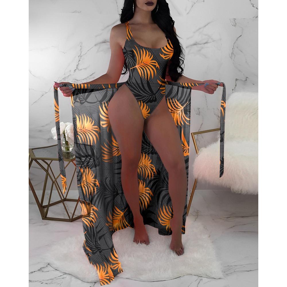 European and American Swimsuit Women's Three-piece Mesh Blouse Contrasting Color Printing Bikini