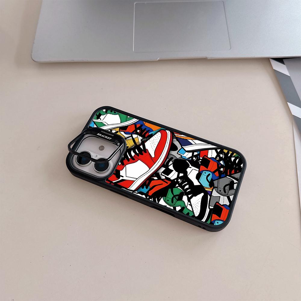 Trendy shoe patterns Acrylic hard shell For iPhone 17pro 15 Pro Max 11 12 13pro Multi functional lens phone holder phone case