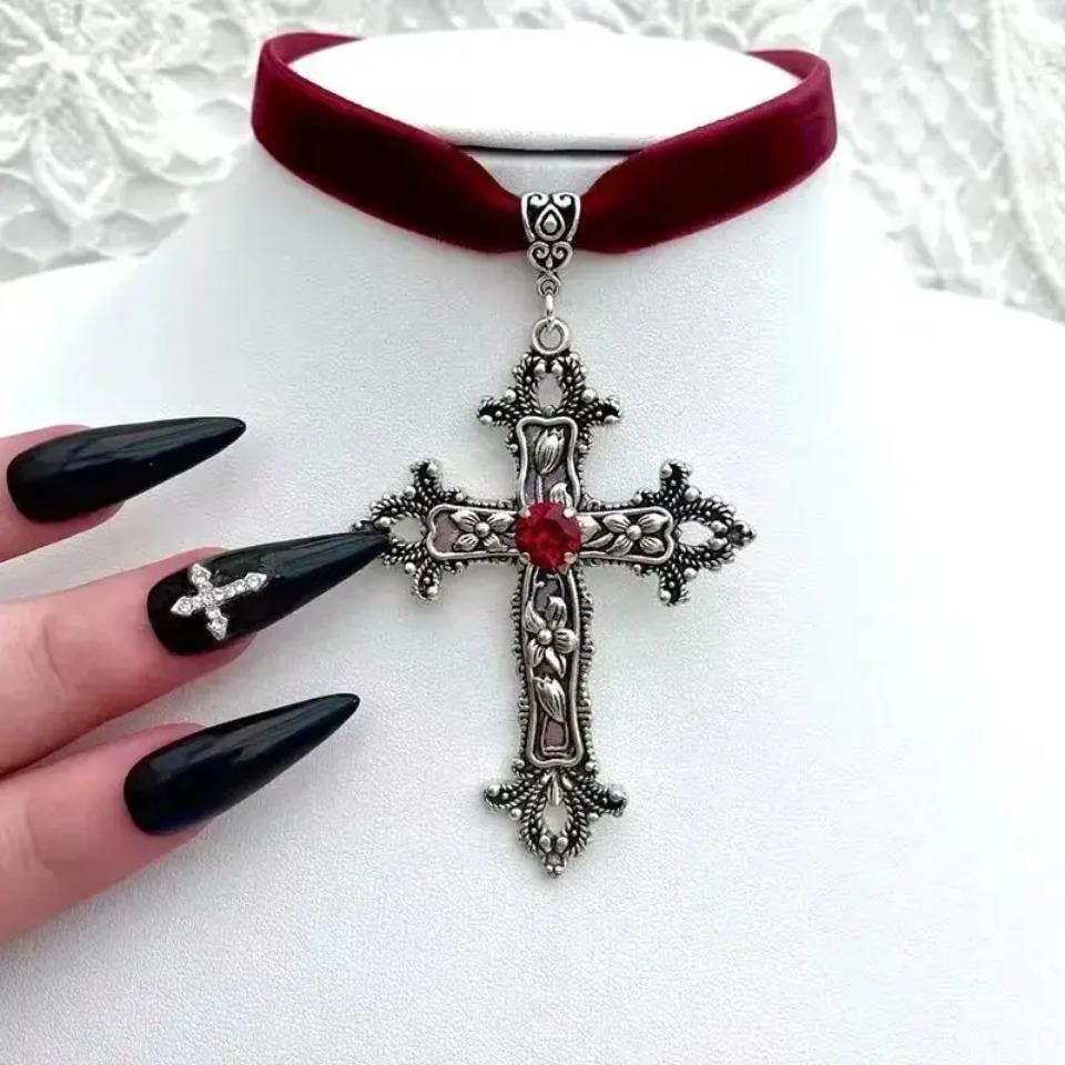 A Classic Gothic Large Cross Shaped Black Velvet Necklace Prepared for Her, Gorgeous Cross Shaped Black Velvet Necklace