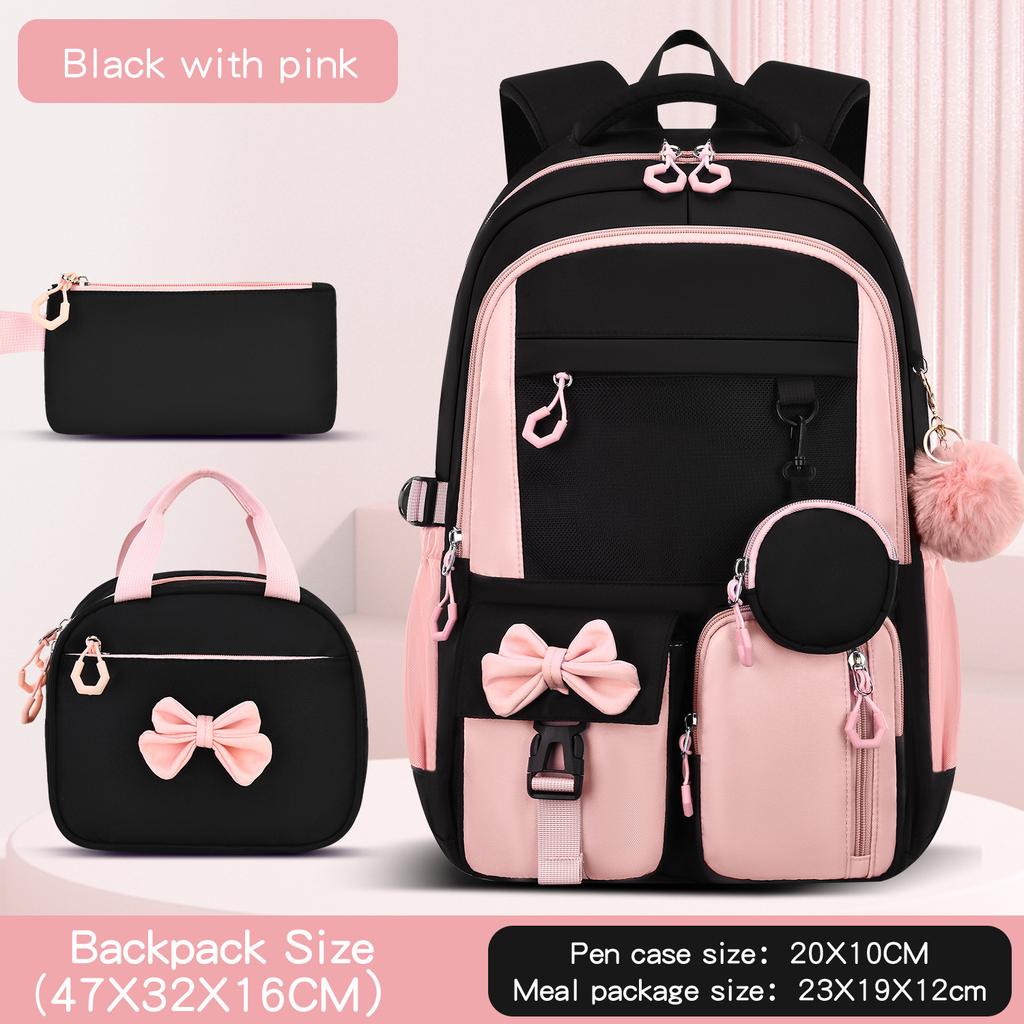4pcs/set Patchwork School Backpack Set Primary Middle Bow School Bags for Girls Cute Bookbag Lunch Bag Pencil Bag Large Capacity