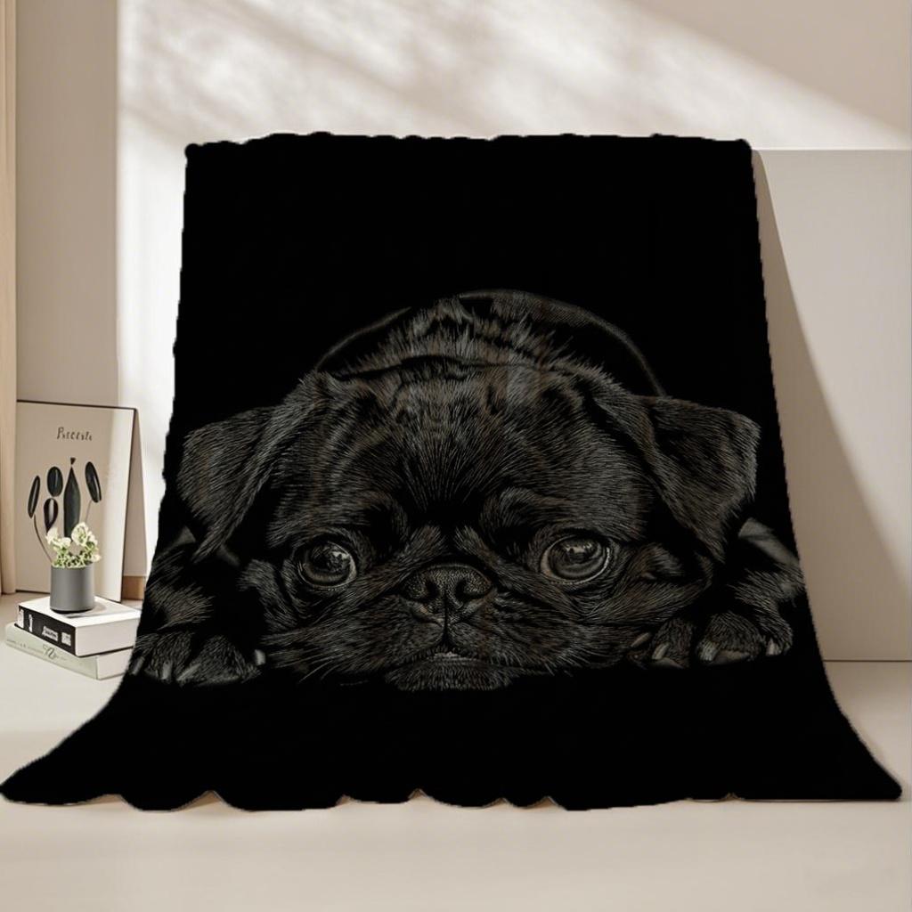 A Melancholic Black Pug Dog Printed Fleece Blanket, Suitable for Sofas, Beds, Office Naps, And Travel - Tear-Resistant Fleece