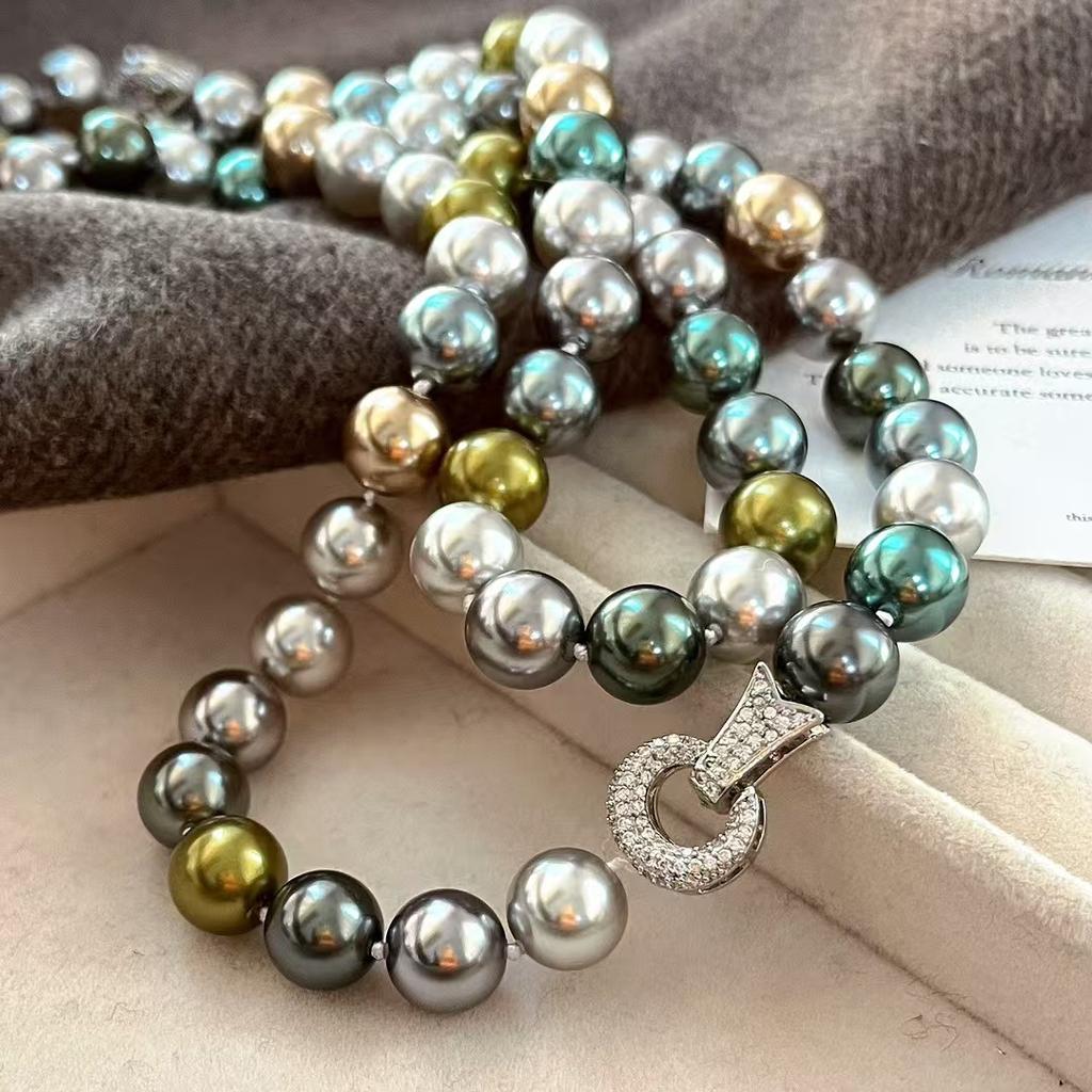 Vintage High-Quality High-Gloss Morandi Color Faux Crystal Tahitian Malachite Green Pearl Necklace Collarbone