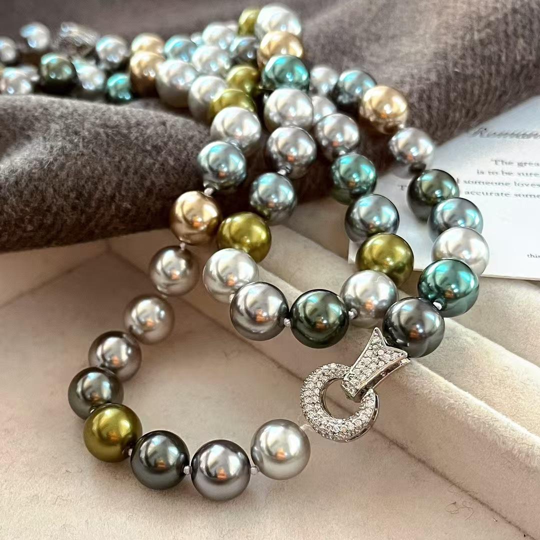 Vintage High-Quality High-Gloss Morandi Color Faux Crystal Tahitian Malachite Green Pearl Necklace Collarbone