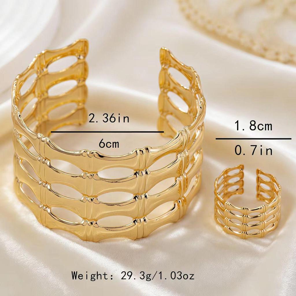 Geometric Multi-Layer Bamboo Joint Bracelet & Ring Set for Women - Trendy Wide Jewelry