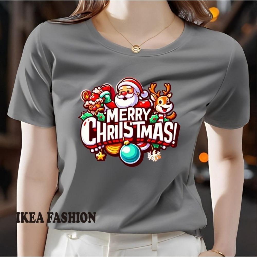 Large Women's Christmas Pattern Printed T-shirt - Short Sleeve Round Neck Casual Top