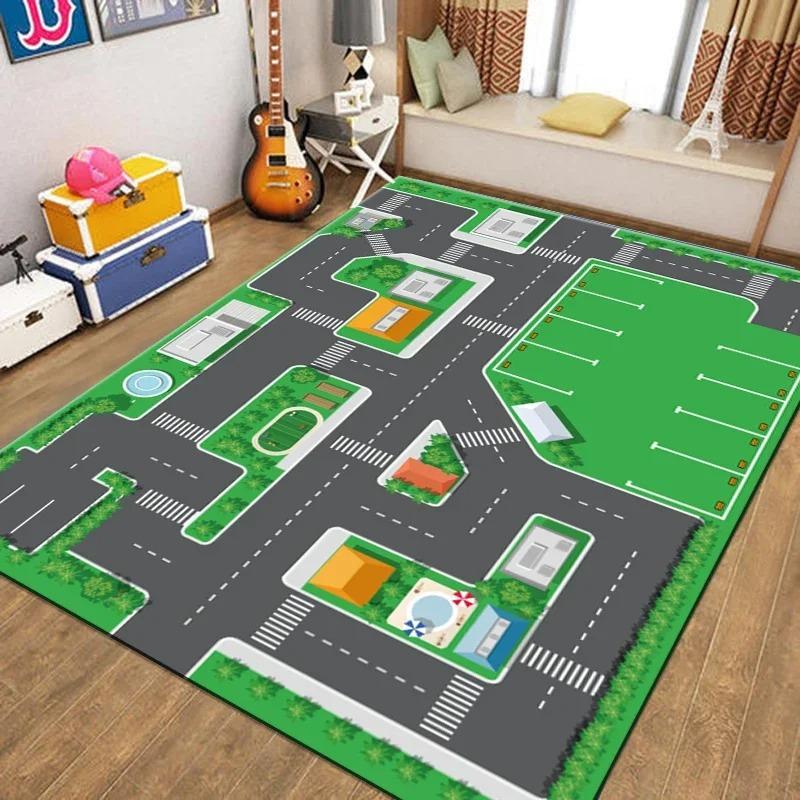 Transportation Track Crawling Mat Children's  Living Room Carpet Non-slip Machine Washable Area Rug for Kid’s Bedroom Floor Mat