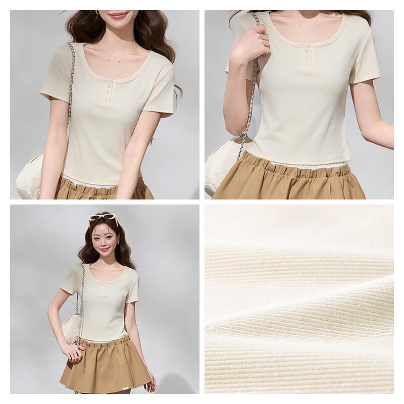 MJ STYLE U-Neck Button Short Sleeve Slim Fit T-Shirt