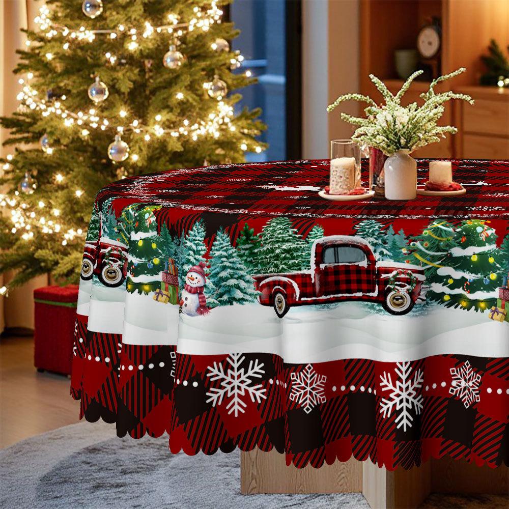Runde Tischdecke mit Weihnachtsmotiv, Rot und Schwarz kariert, Schneemann/Weihnachtsbaum-Druck, Tischdekoration
