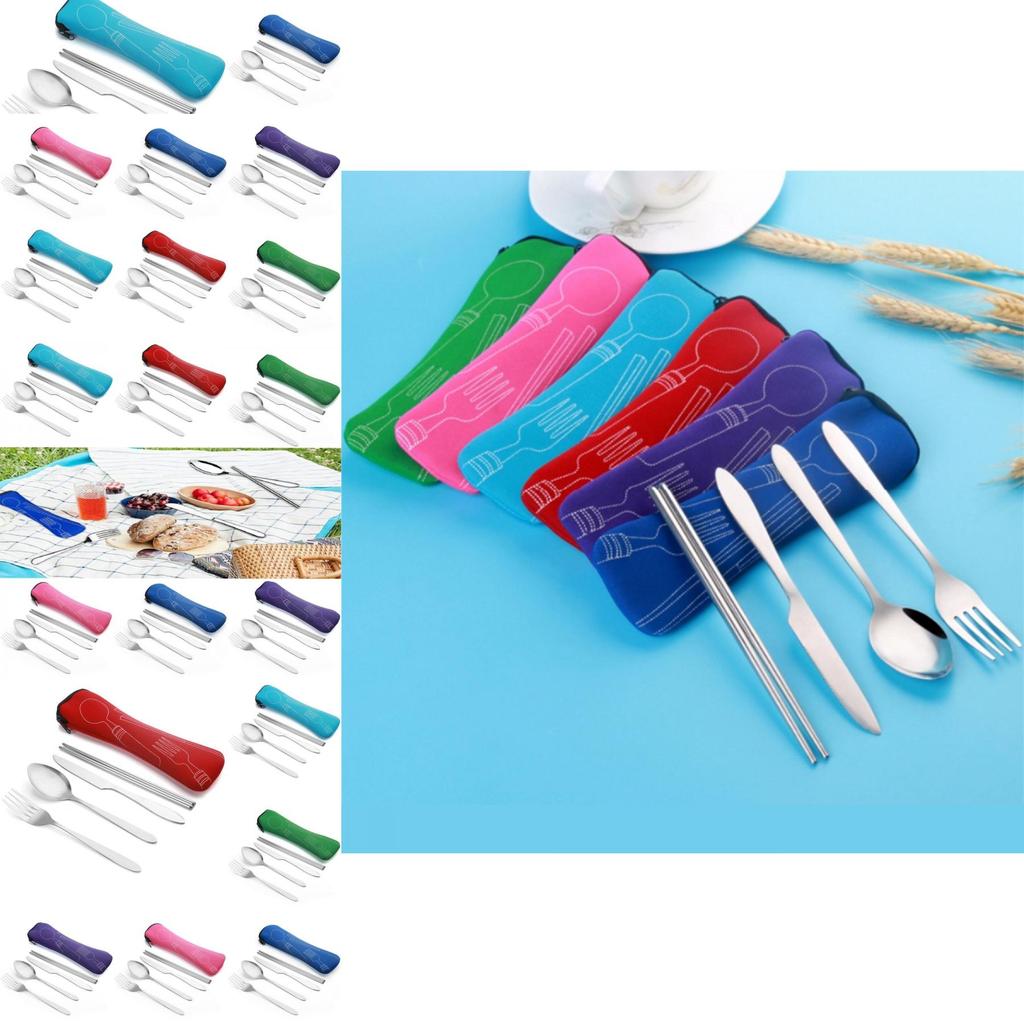Elegantní nerezová sada příborů na cestování a kempování s barevnými variantami (nůž, vidlička, lžíce, hůlky)