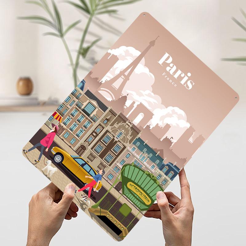 

Travel to Paris Printed Poster Customized Wall Art Retro Vintage Metal Tin Signs for Room Bar Accessories Decoration Home House 20x30cm（7.8x11.8inch）