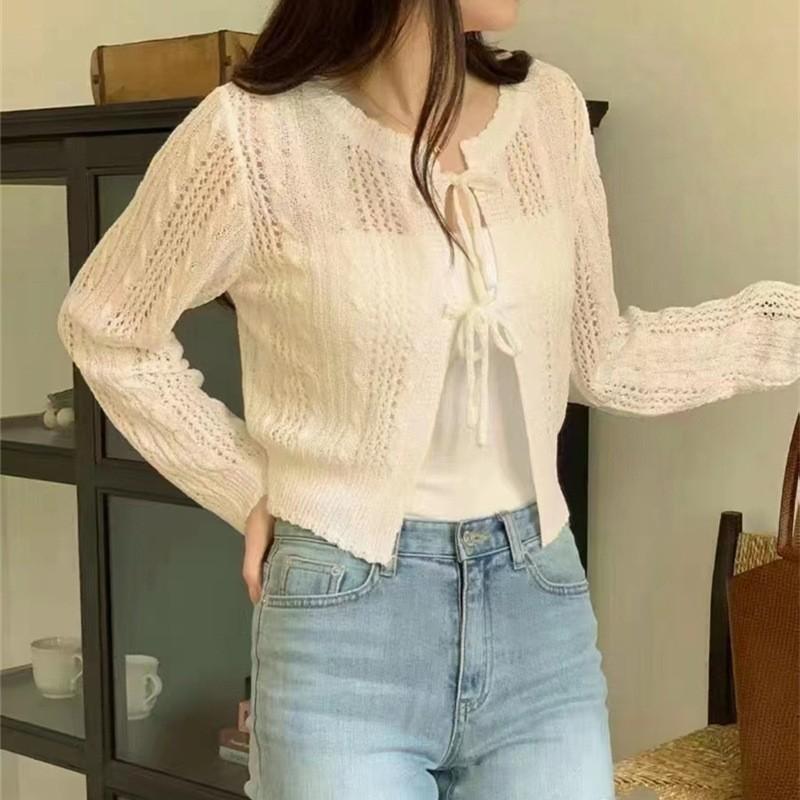 Thin cardigan new women's clothing in stock, European and American hollow lace-up sexy top long sleeve