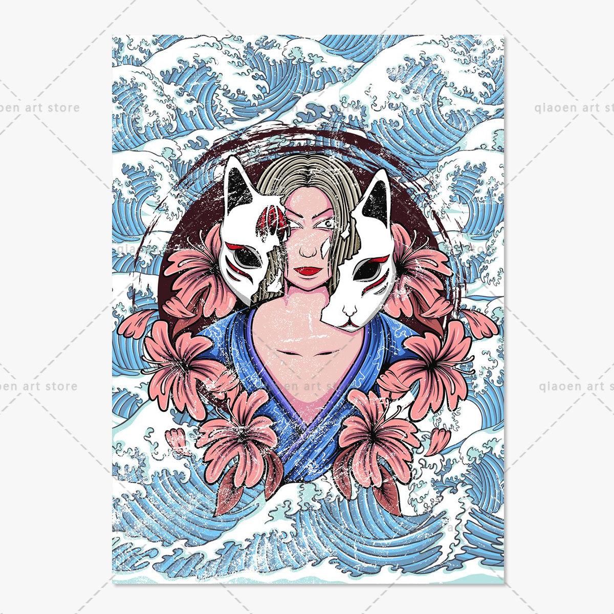 

Японская гейша в маске лисы для девочек, комиксы, портретный постер и принты, холст, живопись, настенная картина для гостиной, домашний декор 21x30 No Frame