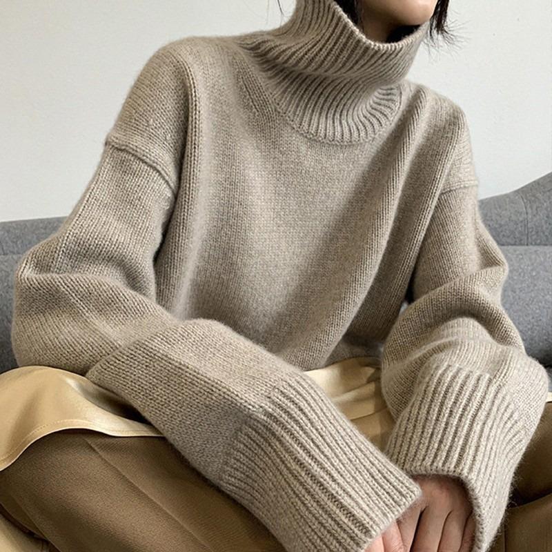 Women S Autumn Winter High Neck Pullover Sweater Loose Fit Casual Lazy Style Solid Color Knit Top
