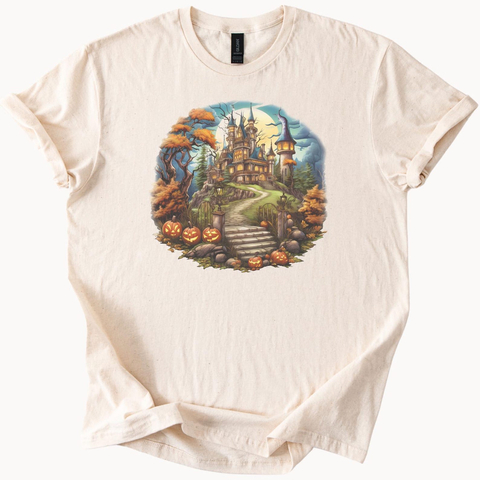 Halloween Haunted Castle T Shirt Spooky Pumpkin Path Graphic Tee Fall Ghost House Scary Art Novelty Shirt Halloween Shirt Gift 130