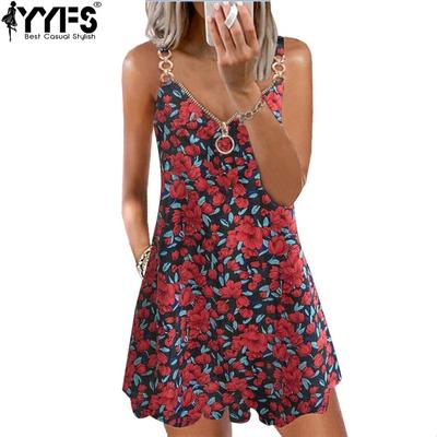 Robes décontractées pour femmes, mode été printemps, motif floral imprimé, sans manches, bretelles, col en v, taille haute