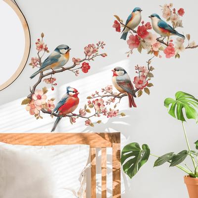Rameaux et feuilles de fleur de pêcher peints, Oiseaux, Chambre à coucher, Salon, Décoration de maison, Stickers muraux