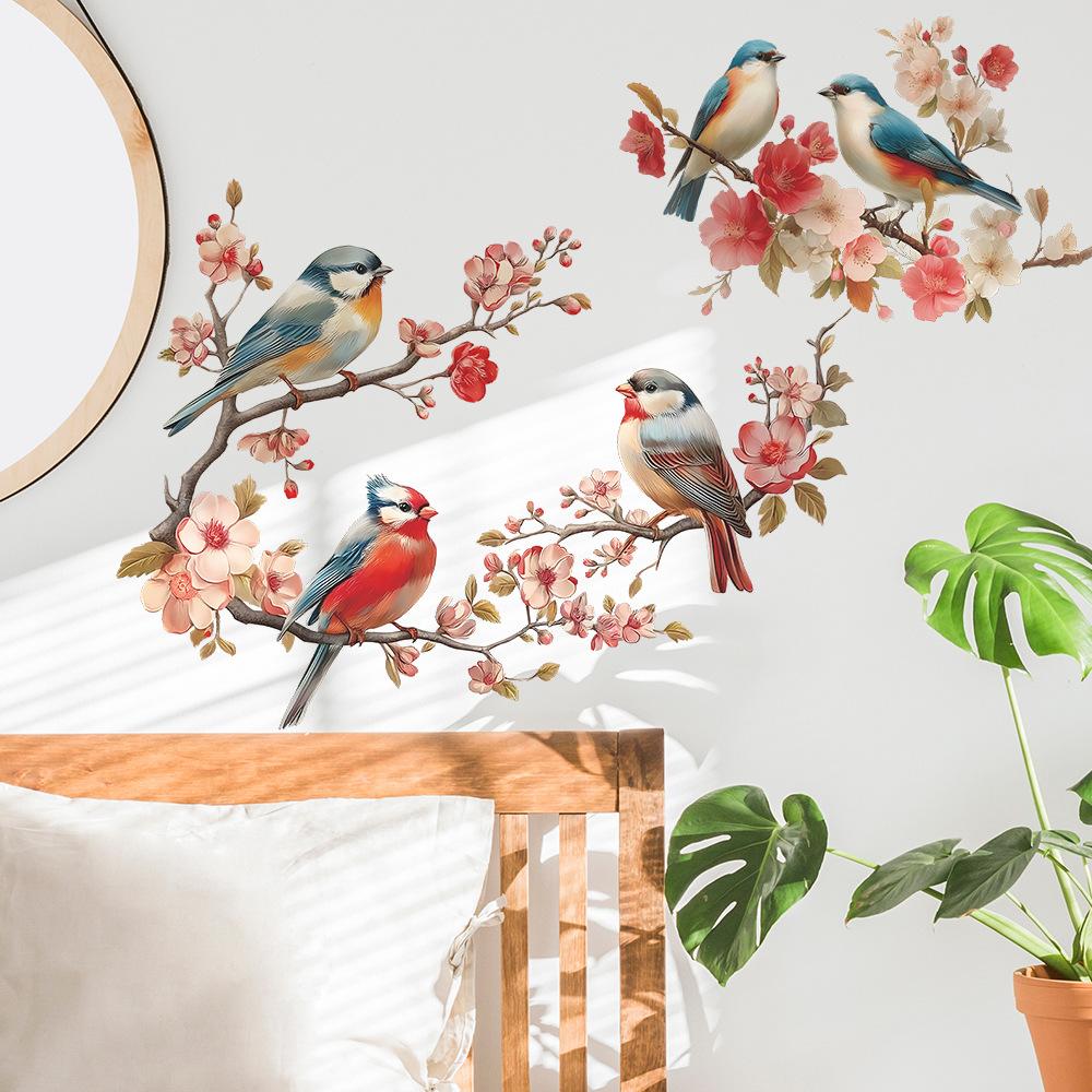 Malované větve a listy broskvoní, ptáci, ložnice, obývací pokoj, domácí dekorace, samolepky na zeď