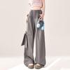 Gray Casual Suit Pants for Women Summer Bowknot Design Straight Advanced Drape Loose Wide Leg Pants