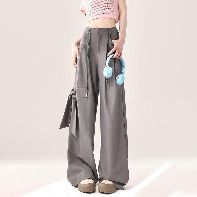 Gray Casual Suit Pants for Women Summer Bowknot Design Straight Advanced Drape Loose Wide Leg Pants