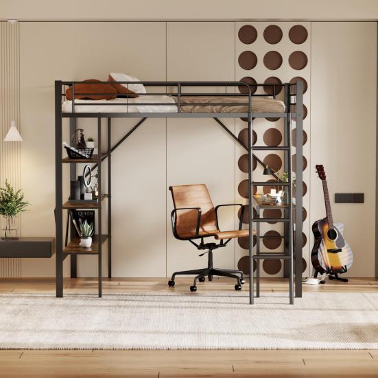 Metal Bed Strong Carrying Capacity with Computer Desk Storage Shelves Ladder Iron Frame Children Bunk Fall Protection Grilles Home Furniture Loft