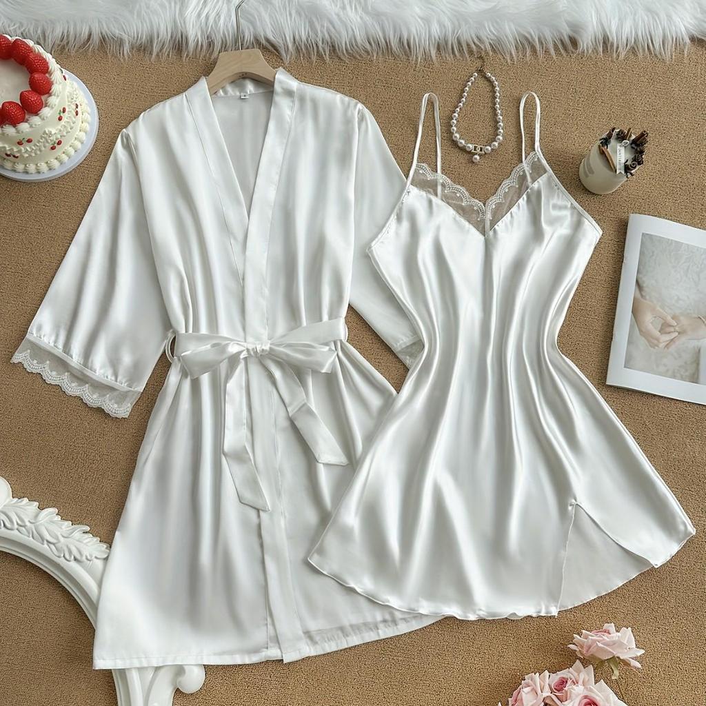 European & American Summer Silk-Feel Sexy Pajamas: Long Sleeve Nightgown Robe Two-Piece Set – Comfortable Tie-Up Women's Homewear.