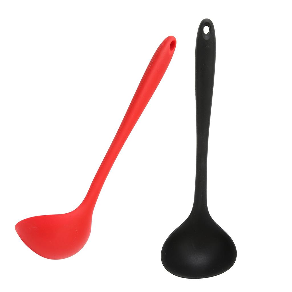 2pcs Silicone Soup Spoon Multifunctional Black Red Silicone Ladle Kitchen Cooking Spoon Tool With Round Hanging Hole