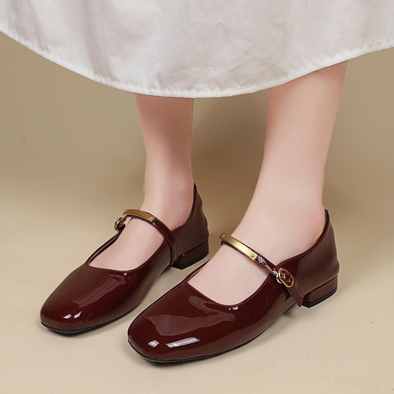 Fashion Shallow Single Shoes Women 2025 Summer New Red Patent Leather Evening Style Square Head Low Heel Flat Mary Jane Shoes