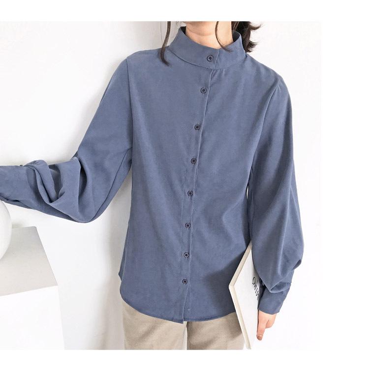 2025 Retro Hong Kong Style Stand-Up Collar Single-Breasted Lantern Sleeve Shirt
