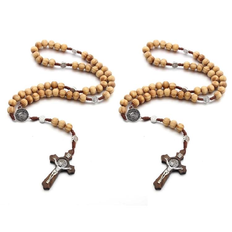 Handmade Wood Rosary Catholic Necklaces Men Cross Prayer Religious Jewelry Gift