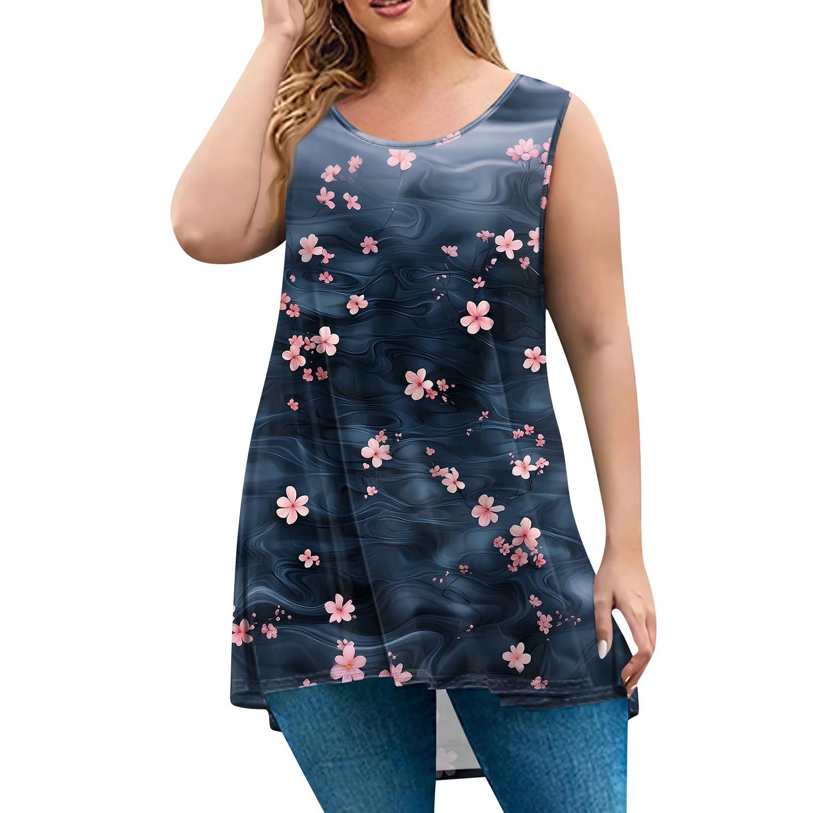 

Женская мода большого размера с круглым вырезом без рукавов повседневный свободный пуловер с принтом XL