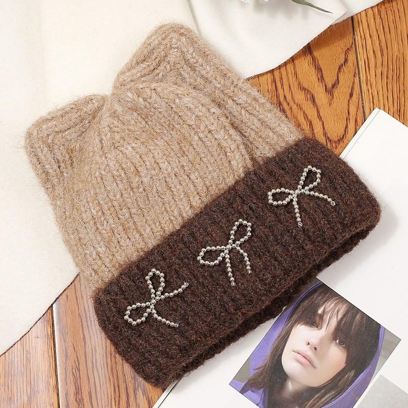 Autumn and Winter New Cute Cat Ears Bow Wool Hat Versatile Women's Big Head Circumference Ear Protector Knitted Cold Hat Wholesale