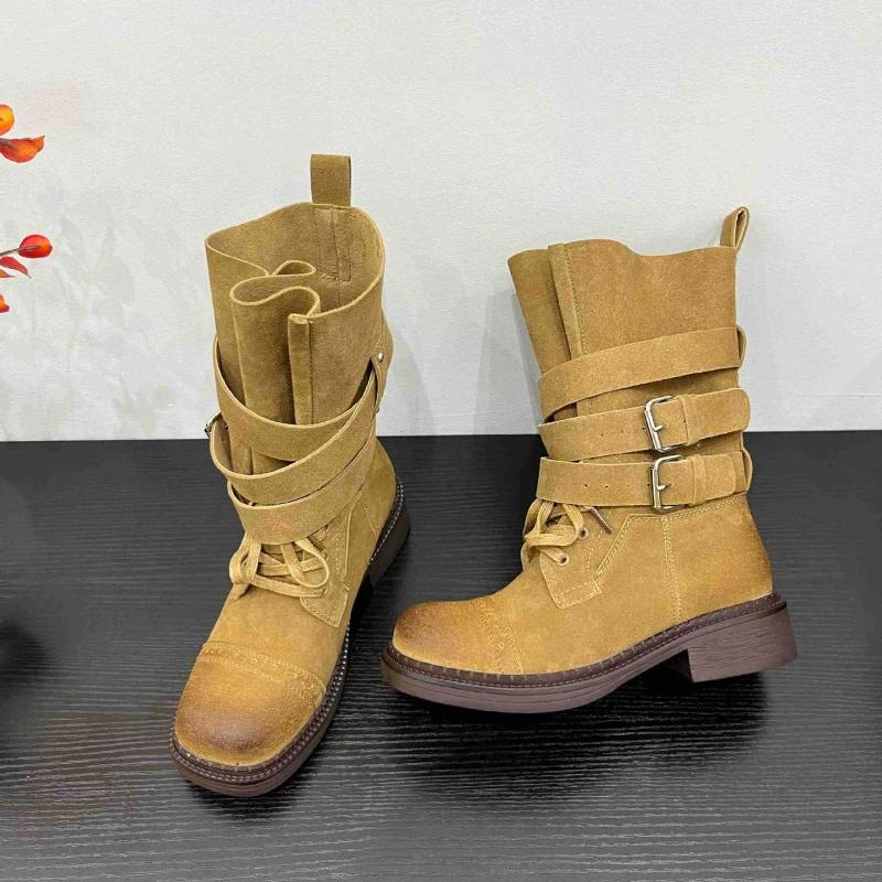 Retro Suede Lace Up Mid Boots Women Fashion Rubbed Color Ankle Cross Belt Buckle Motorcycle Female for Adult Women