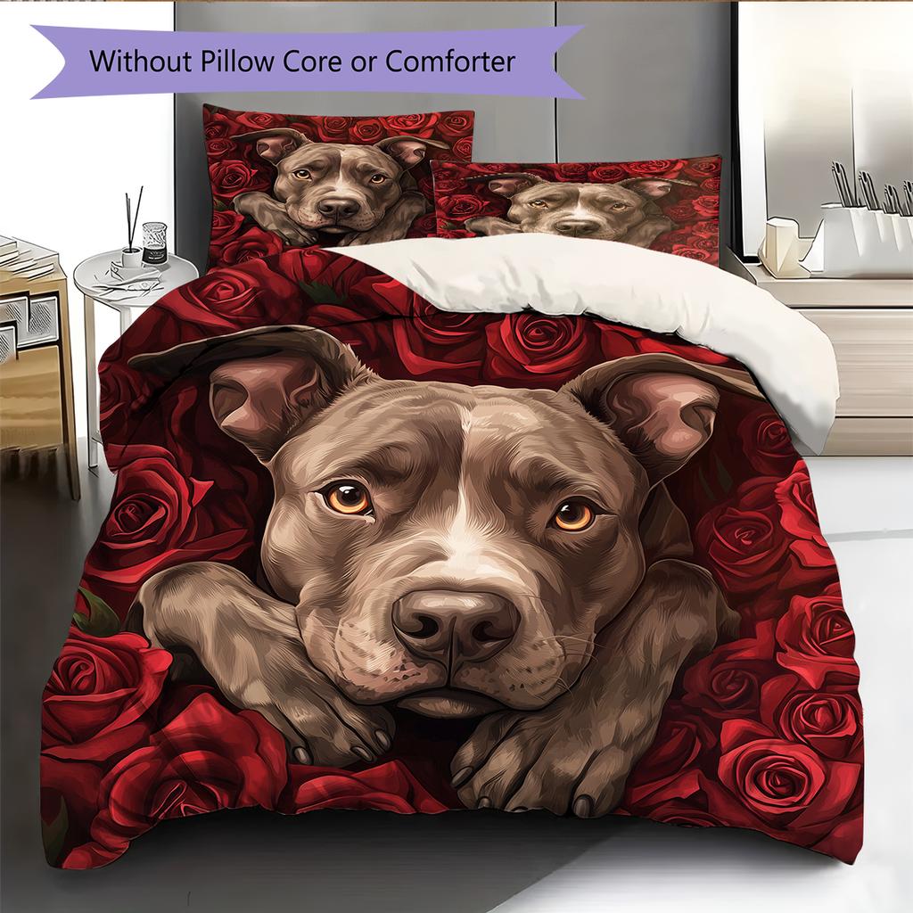 Pitbull and roses Pattern Bedding Home Decoration Birthday Gift (1 * duvet cover + 2 * pillowcase, without core)