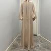 Damenkleidung, einfarbig, große Laternenärmel, helle Seide, lange Ärmel, Stehkragen, Rückenbindung, muslimisches Kleid, 6 Farben