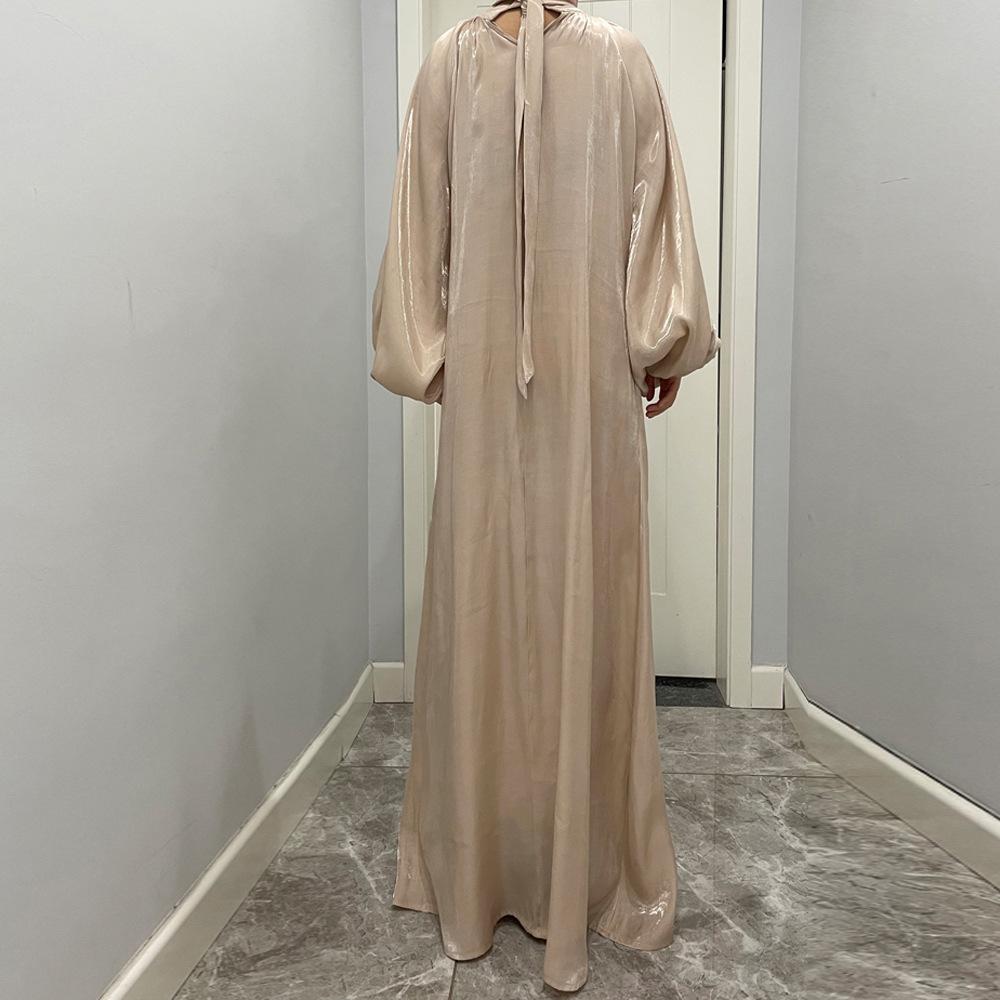 Damenkleidung, einfarbig, große Laternenärmel, helle Seide, lange Ärmel, Stehkragen, Rückenbindung, muslimisches Kleid, 6 Farben