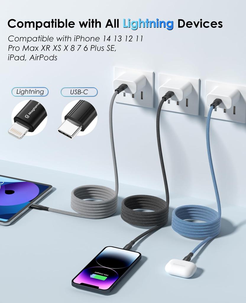 Magtame Lightning Cable To Lightning Cable with Magnetic 3A Fast MFi Metal iPhone Charging Cable Compatible with iPhone Pro USB-C Type-C Suction,