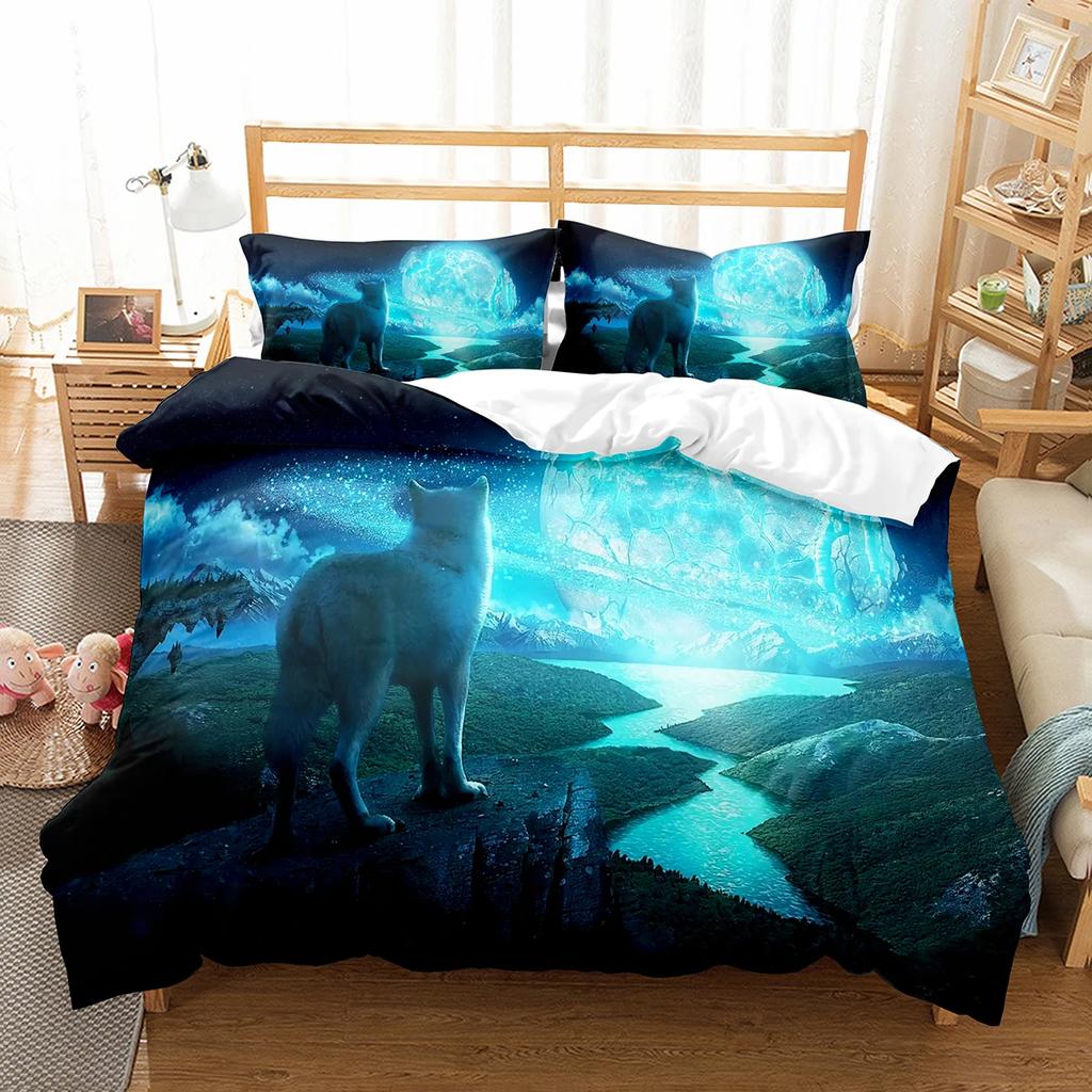 Boys Wolf Duvet Cover Set Queen Size, Boho Wolf Wildlife Forest King Animal Bedding Set Polyester Quilt Cover With Pillowcase