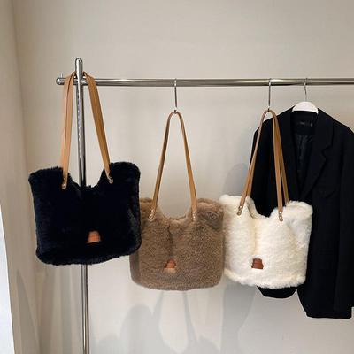 Women Plush Shoulder Bag Fluffy Furry Satchel Bag Large Capacity Fuzzy Purse Handbag for Work Travel Shopping KTY