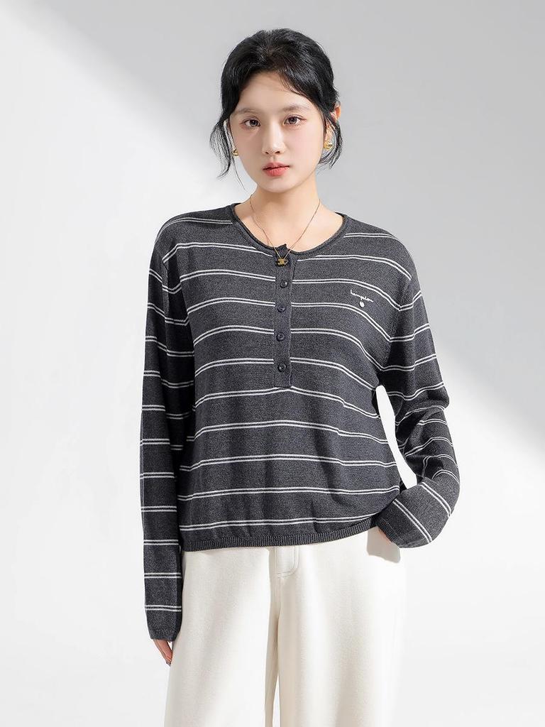Women's Long Sleeve Merino Wool Striped Base Layer T-shirt, Autumn/Winter Outerwear or Innerwear, Cardigan Top.