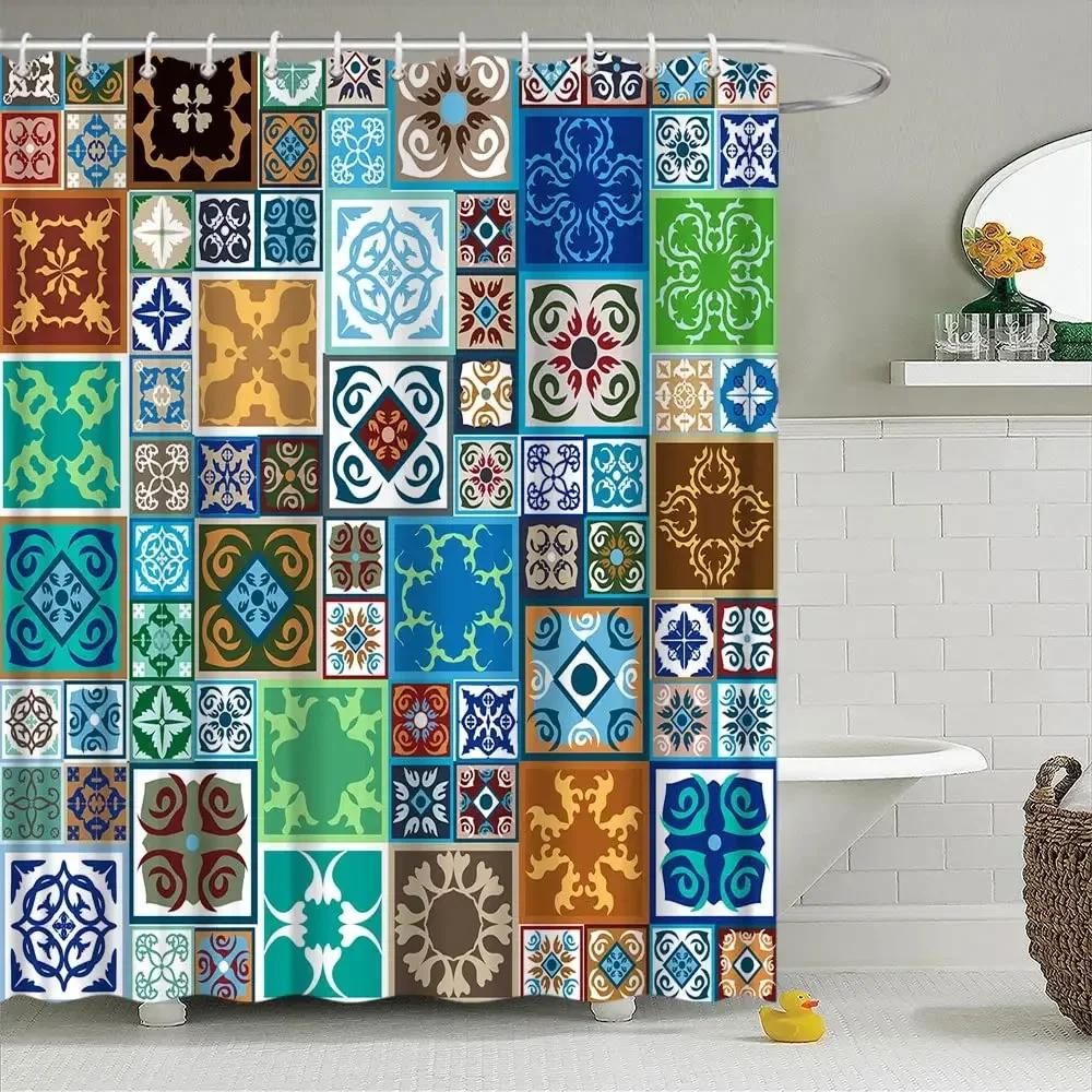 Mexican Floral Shower Curtain, Ethnic Art, Birds and Paisley, Flowers in White,Polyester, Waterproof, Bathroom Decor