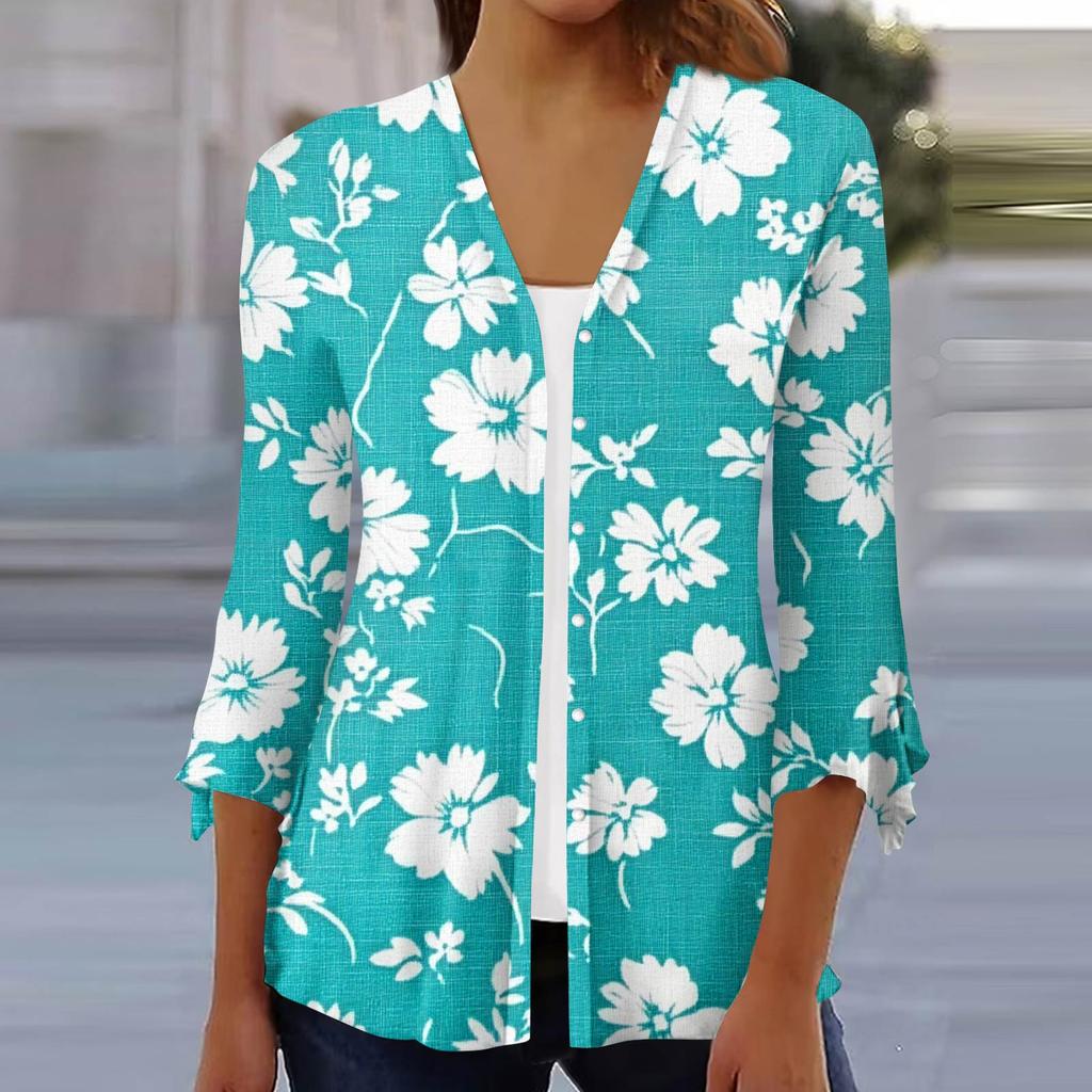 Moda Donna Blusa Cardigan Top Manica a Sette Parti Stampata Casual Ampia