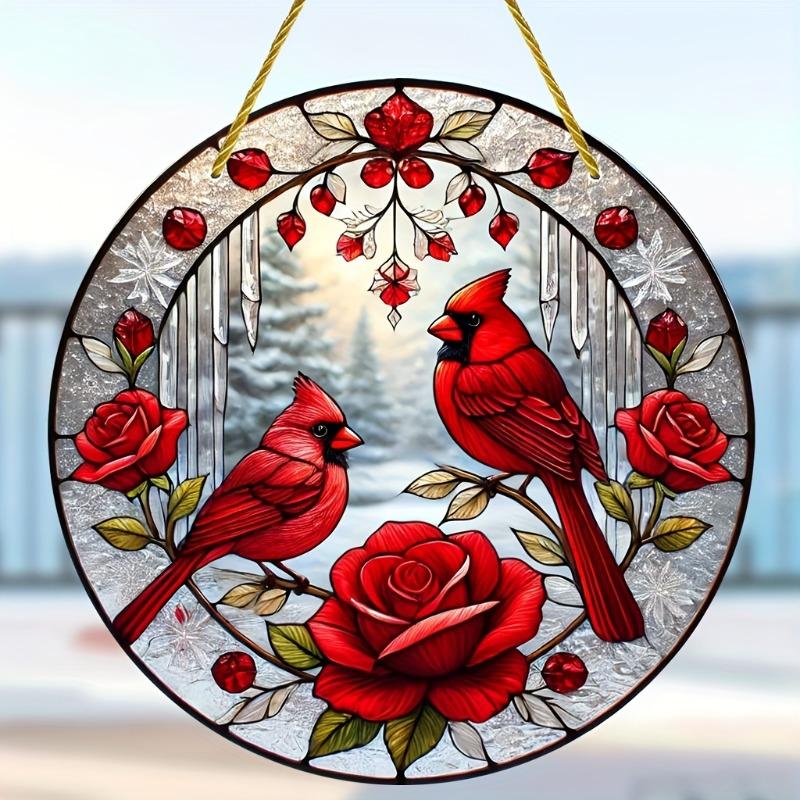 2D Flat Colorful Glass Style Red Bird Acrylic Acrylic Decoration Sign, Suitable for wall decoration, porch, room, villa, accents Home, Hallway, or Wor
