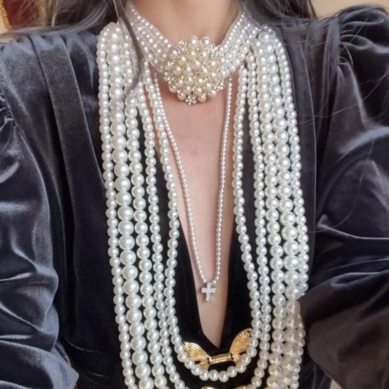 European and American diamond-set geometric multi-layer pearl necklace women's exaggerated sweater chain necklace