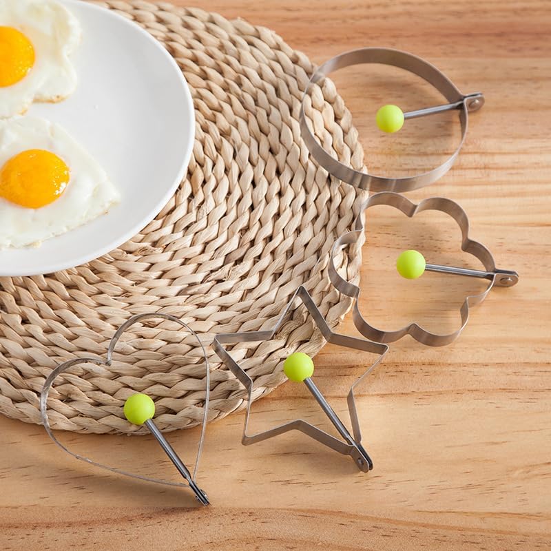 Egg Pancake Rings,5pcs Fried Egg Molds in Star, Round, Heart Different Shaped,Stainless Steel Omelette Frying Cooking Tools Kitchen Accessories