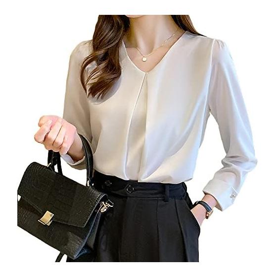 [Bolan Verl] Women s Skippy V-Neck Blouse White Short Sleeve Long Sleeve Shirt Blouse Pretty Office Casual Formal Commuting Business Office Clothes